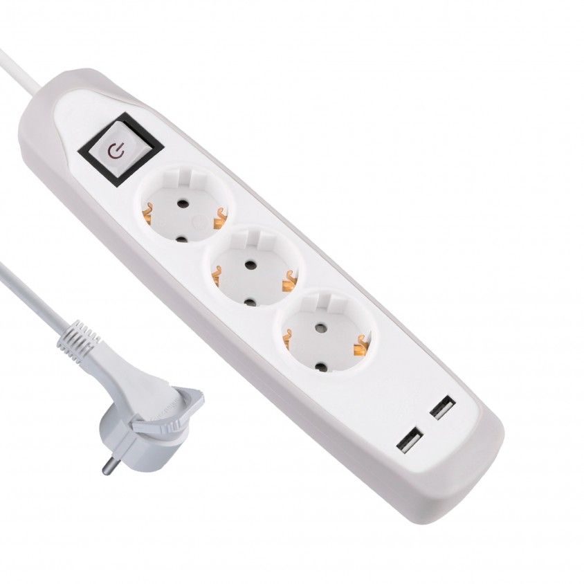 Bloco de 3 Tomadas + 2 USB com Extenso 2m