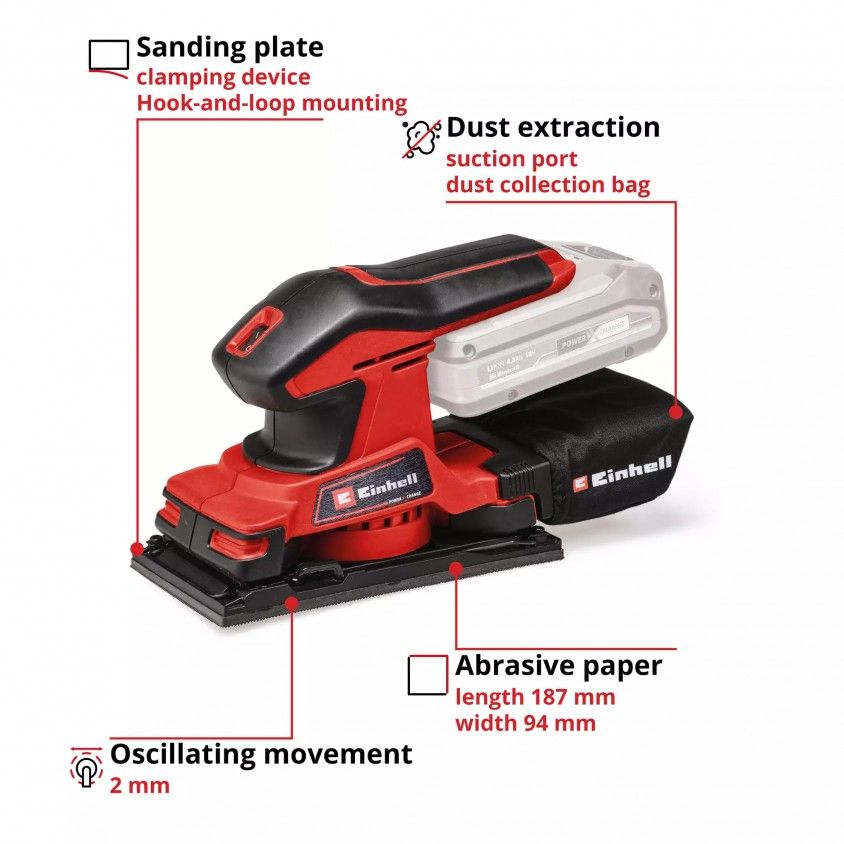 Lixadora Orbital sem Fios Einhell TC-OS 18/187 Li SL sem Bateria