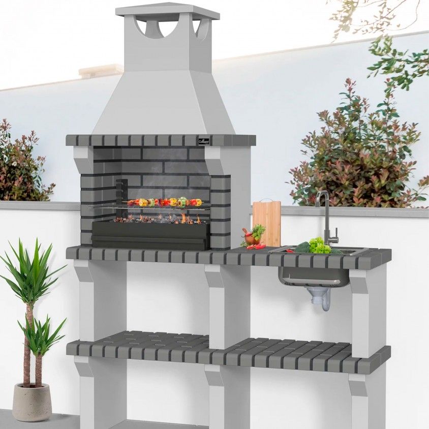 Churrasqueira Vagos Tijolo Cinzento com Bancada + Lava Louça + Torneira Churrasqueira Vagos Tijolo Cinzento com Bancada + Lava Louça + Torneira