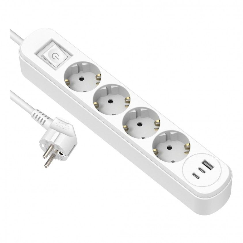 Bloco 4 Tomadas com Interruptor 1Usb-A+2Usb-C Pd20W Cabo3G1 1.5M Branco Prima Bloco 4 Tomadas com Interruptor 1Usb-A+2Usb-C Pd20W Cabo3G1 1.5M Branco Prima