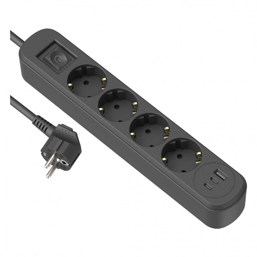 Bloco 4 Tomadas com Interruptor 1Usb-A+2Usb-C Pd20W Cabo3G1 1.5M Preto Prima Bloco 4 Tomadas com Interruptor 1Usb-A+2Usb-C Pd20W Cabo3G1 1.5M Preto Prima