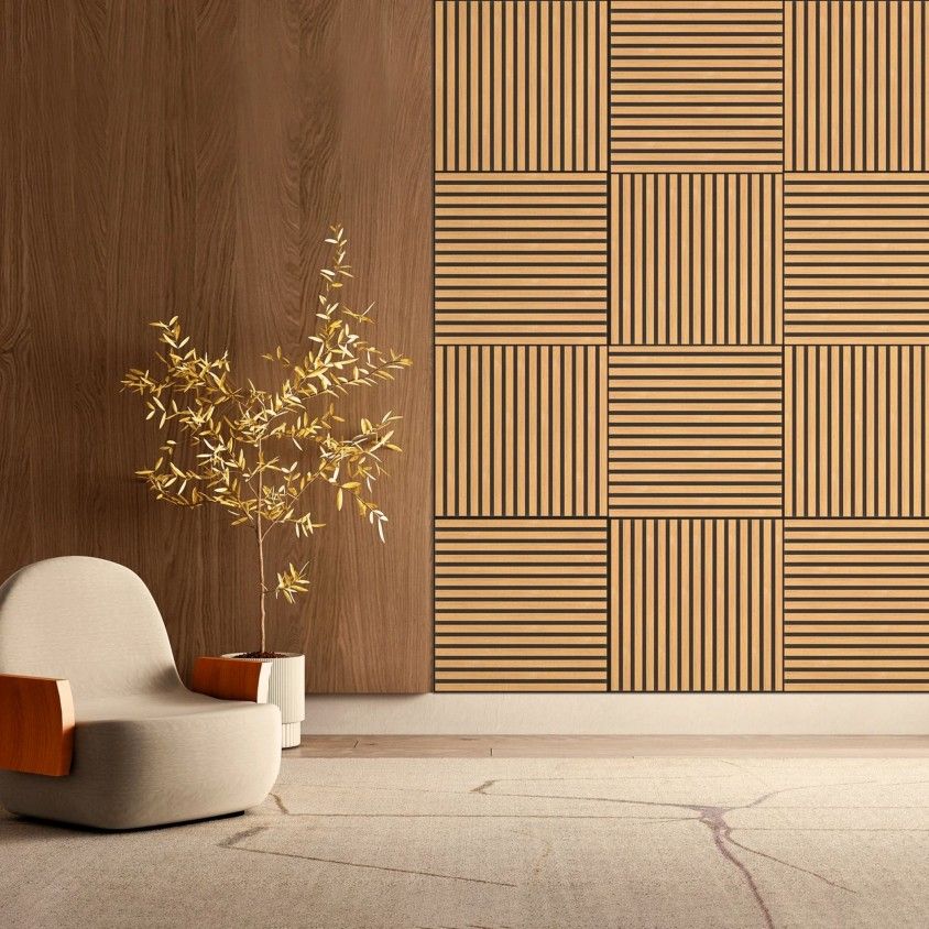 Painel Ripado de Parede Acústico Oiled Oak 600x600x18mm Painel Ripado de Parede Acústico Oiled Oak 600x600x18mm