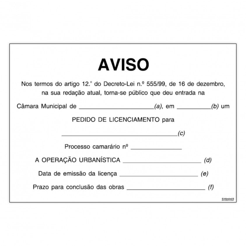 Placa de Licenciamento de Obras em PVC Opaco Placa de Licenciamento de Obras em PVC Opaco