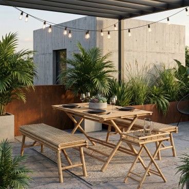 Conjunto Mesa + 2 Bancos Jardim + Mesa de Apoio Elion