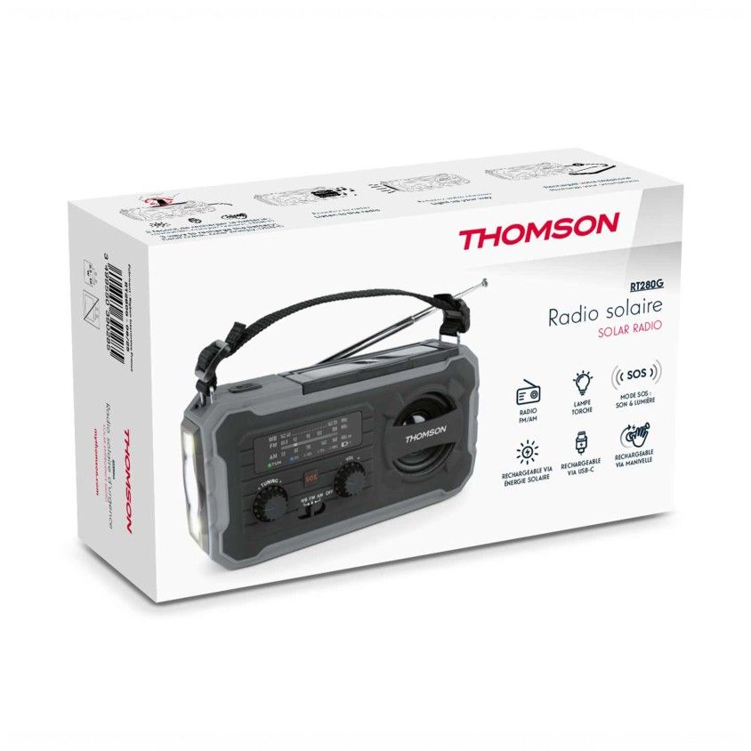 R�dio Thomson com Carga Solar e Lanterna SOS USB-C  Bateria 8.000mAh