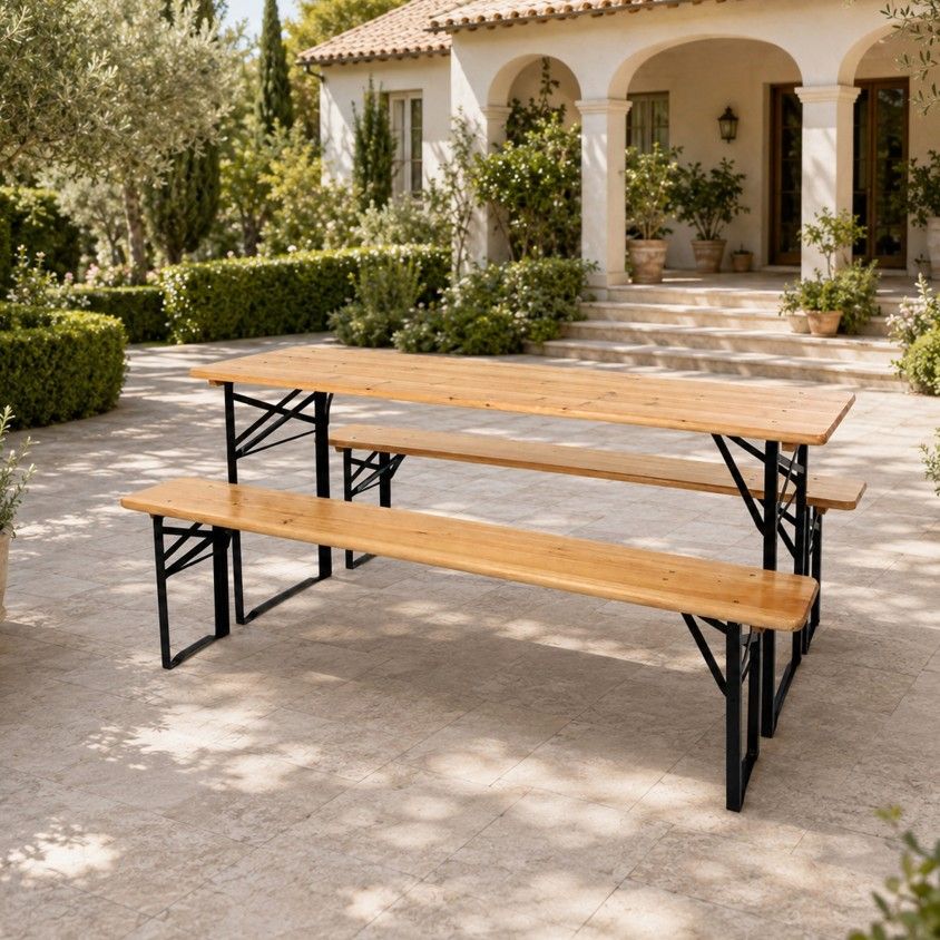 Conjunto de Refei��o Mesa e Bancos Dobr�veis de Madeira