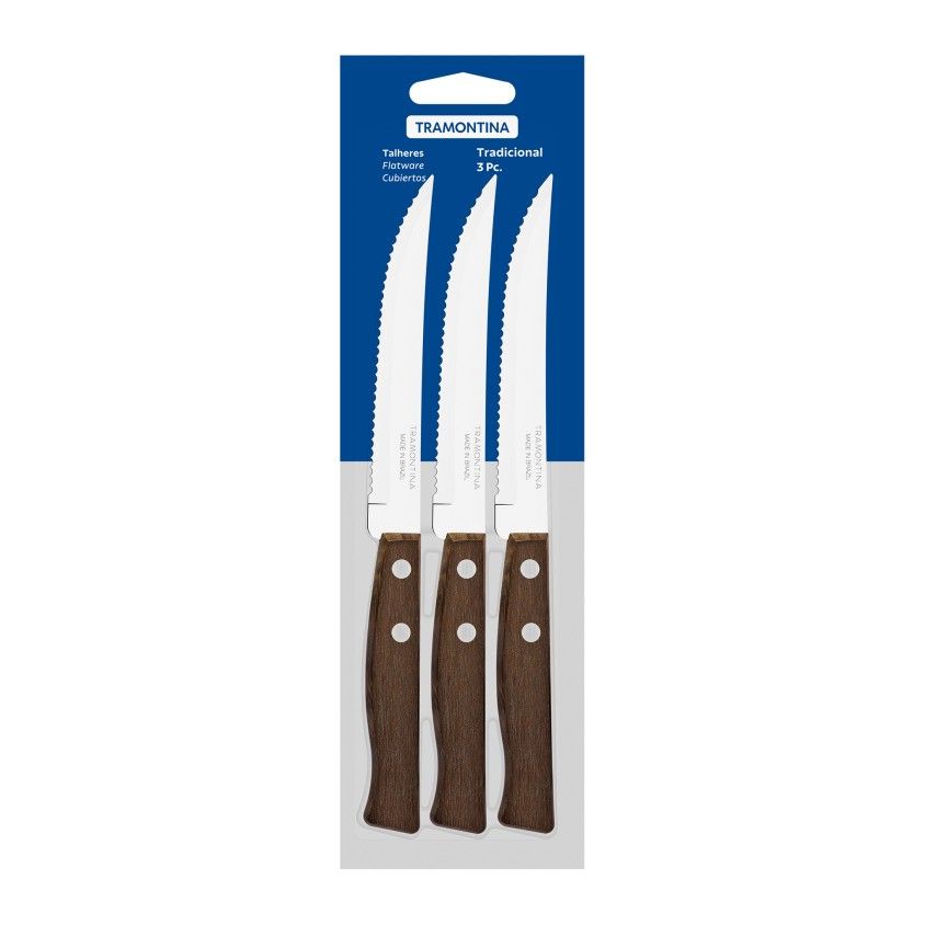 Conjunto de 3 Facas de Carne com Cabo de Madeira